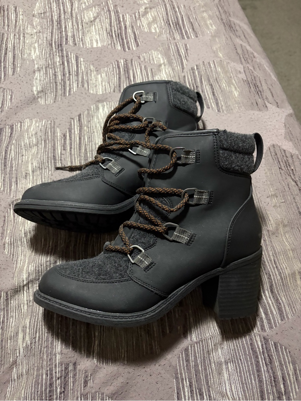 Women's Black Lace-Up Heeled Ankle Boots with Wool Trim